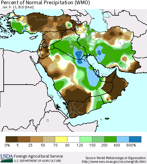 Middle East and Turkey Percent of Normal Precipitation (WMO) Thematic Map For 1/9/2023 - 1/15/2023