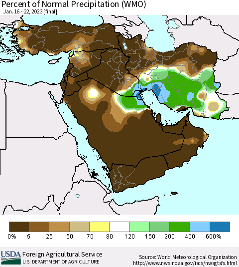 Middle East and Turkey Percent of Normal Precipitation (WMO) Thematic Map For 1/16/2023 - 1/22/2023