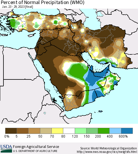 Middle East and Turkey Percent of Normal Precipitation (WMO) Thematic Map For 1/23/2023 - 1/29/2023