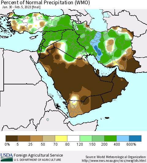 Middle East and Turkey Percent of Normal Precipitation (WMO) Thematic Map For 1/30/2023 - 2/5/2023