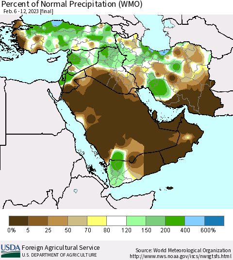 Middle East and Turkey Percent of Normal Precipitation (WMO) Thematic Map For 2/6/2023 - 2/12/2023