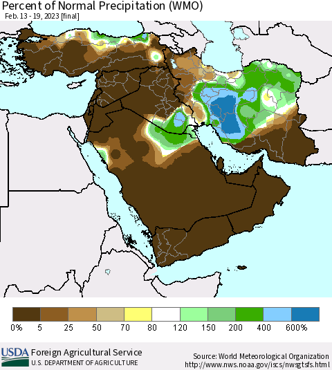 Middle East and Turkey Percent of Normal Precipitation (WMO) Thematic Map For 2/13/2023 - 2/19/2023