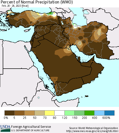 Middle East and Turkey Percent of Normal Precipitation (WMO) Thematic Map For 2/20/2023 - 2/26/2023