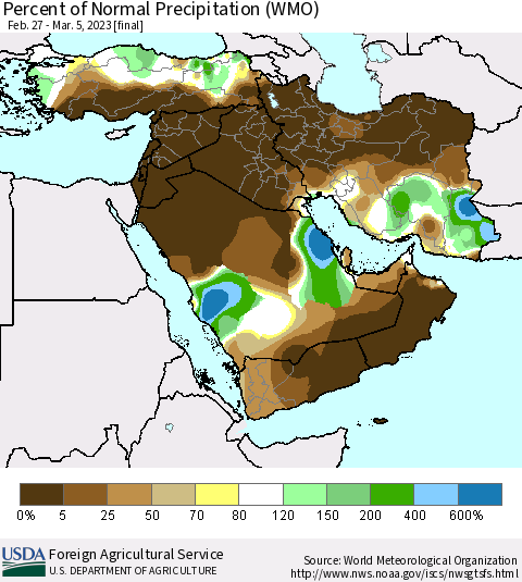 Middle East and Turkey Percent of Normal Precipitation (WMO) Thematic Map For 2/27/2023 - 3/5/2023