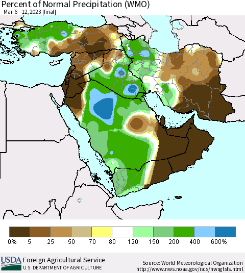 Middle East and Turkey Percent of Normal Precipitation (WMO) Thematic Map For 3/6/2023 - 3/12/2023