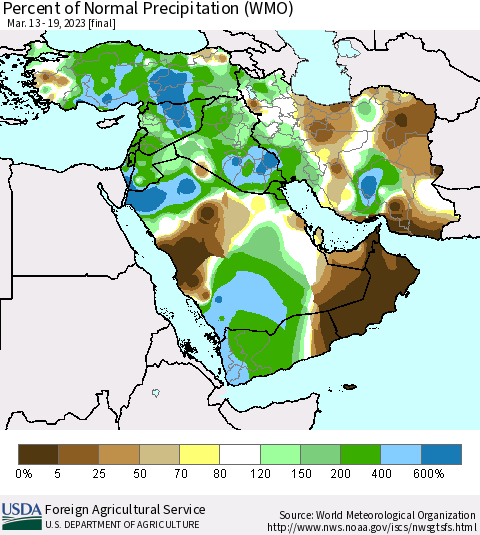 Middle East and Turkey Percent of Normal Precipitation (WMO) Thematic Map For 3/13/2023 - 3/19/2023