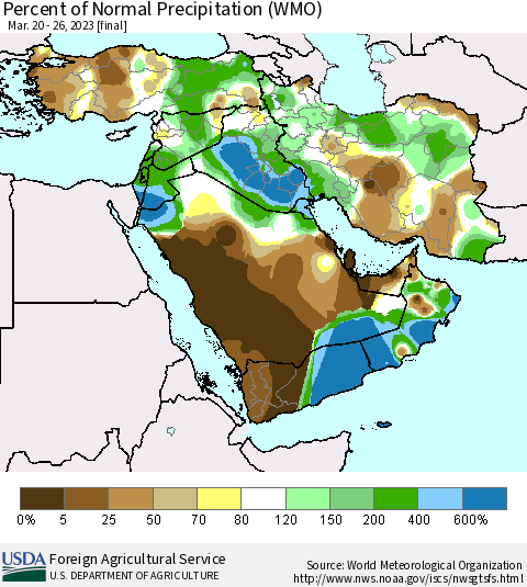Middle East and Turkey Percent of Normal Precipitation (WMO) Thematic Map For 3/20/2023 - 3/26/2023