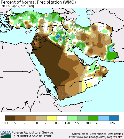 Middle East and Turkey Percent of Normal Precipitation (WMO) Thematic Map For 3/27/2023 - 4/2/2023