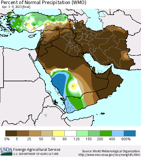 Middle East and Turkey Percent of Normal Precipitation (WMO) Thematic Map For 4/3/2023 - 4/9/2023