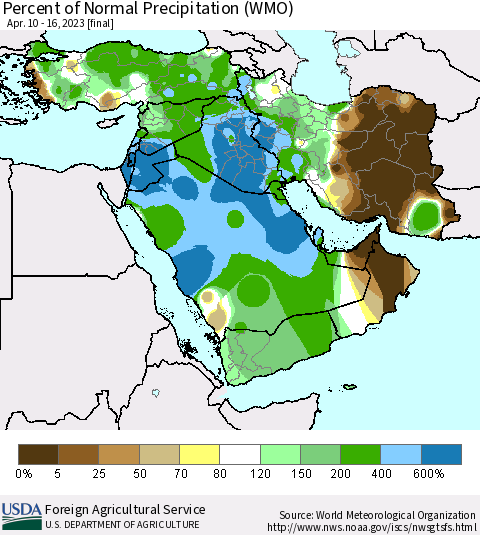 Middle East and Turkey Percent of Normal Precipitation (WMO) Thematic Map For 4/10/2023 - 4/16/2023