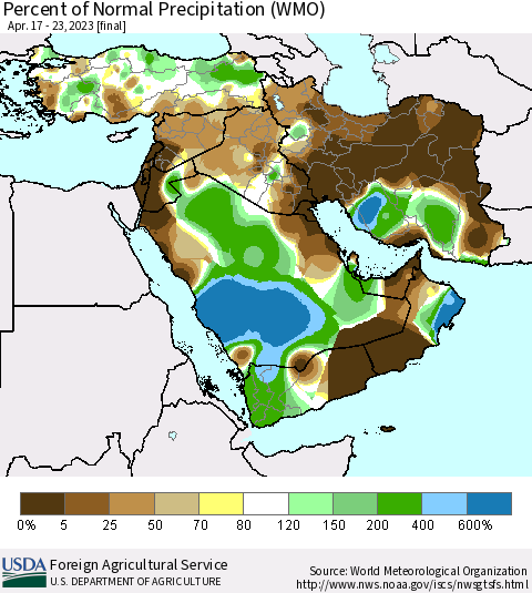 Middle East and Turkey Percent of Normal Precipitation (WMO) Thematic Map For 4/17/2023 - 4/23/2023