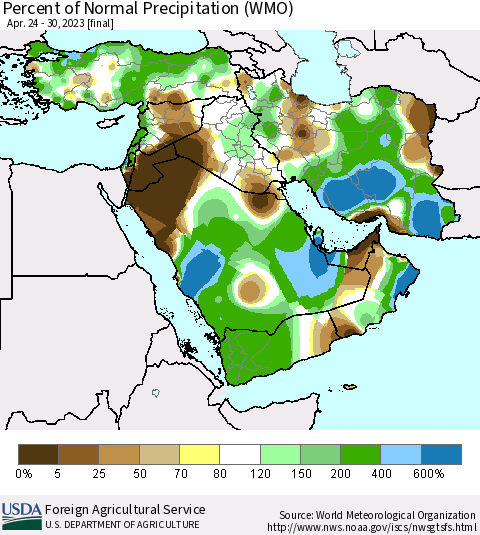 Middle East and Turkey Percent of Normal Precipitation (WMO) Thematic Map For 4/24/2023 - 4/30/2023