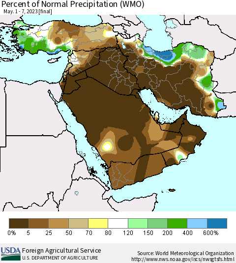 Middle East and Turkey Percent of Normal Precipitation (WMO) Thematic Map For 5/1/2023 - 5/7/2023