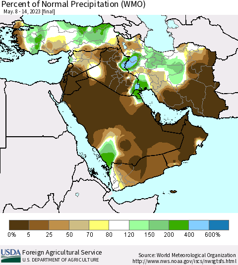 Middle East and Turkey Percent of Normal Precipitation (WMO) Thematic Map For 5/8/2023 - 5/14/2023