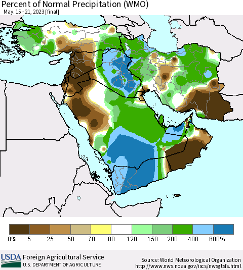Middle East and Turkey Percent of Normal Precipitation (WMO) Thematic Map For 5/15/2023 - 5/21/2023
