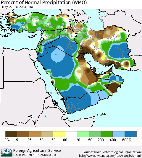 Middle East and Turkey Percent of Normal Precipitation (WMO) Thematic Map For 5/22/2023 - 5/28/2023