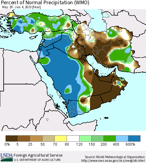 Middle East and Turkey Percent of Normal Precipitation (WMO) Thematic Map For 5/29/2023 - 6/4/2023