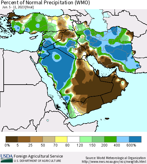 Middle East and Turkey Percent of Normal Precipitation (WMO) Thematic Map For 6/5/2023 - 6/11/2023