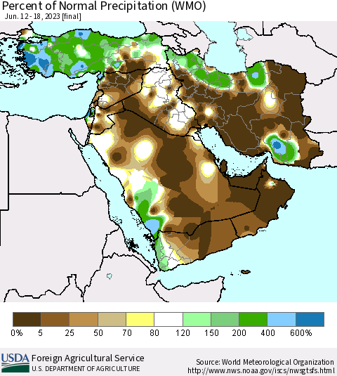 Middle East and Turkey Percent of Normal Precipitation (WMO) Thematic Map For 6/12/2023 - 6/18/2023