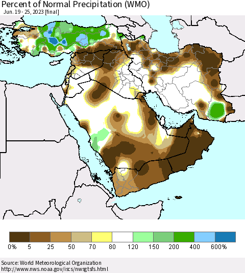 Middle East and Turkey Percent of Normal Precipitation (WMO) Thematic Map For 6/19/2023 - 6/25/2023