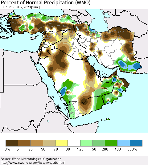 Middle East and Turkey Percent of Normal Precipitation (WMO) Thematic Map For 6/26/2023 - 7/2/2023