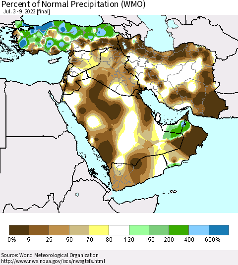 Middle East and Turkey Percent of Normal Precipitation (WMO) Thematic Map For 7/3/2023 - 7/9/2023