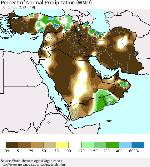 Middle East and Turkey Percent of Normal Precipitation (WMO) Thematic Map For 7/10/2023 - 7/16/2023