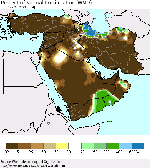 Middle East and Turkey Percent of Normal Precipitation (WMO) Thematic Map For 7/17/2023 - 7/23/2023