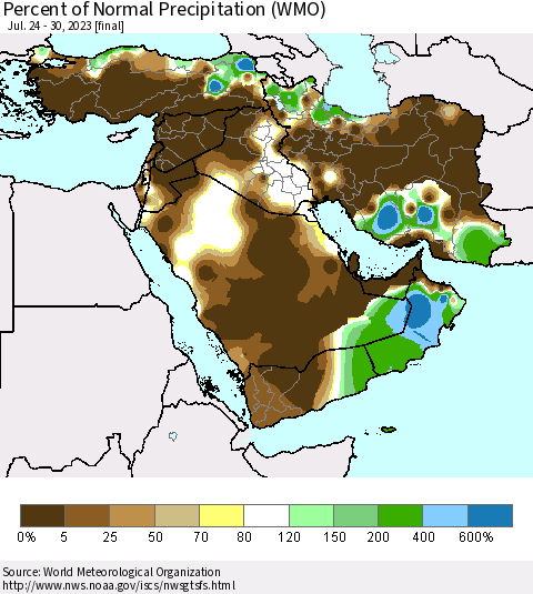 Middle East and Turkey Percent of Normal Precipitation (WMO) Thematic Map For 7/24/2023 - 7/30/2023