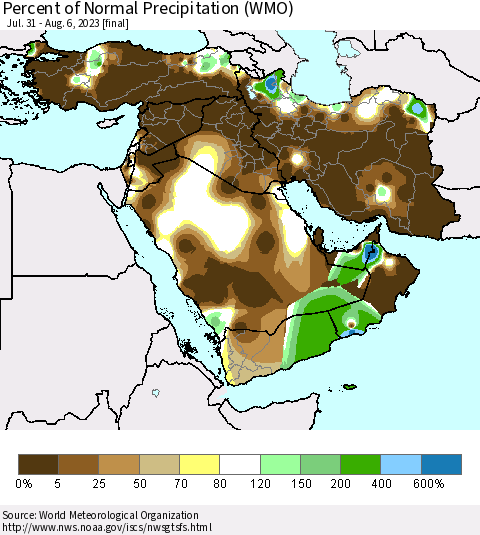 Middle East and Turkey Percent of Normal Precipitation (WMO) Thematic Map For 7/31/2023 - 8/6/2023
