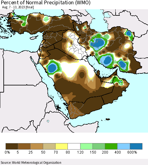 Middle East and Turkey Percent of Normal Precipitation (WMO) Thematic Map For 8/7/2023 - 8/13/2023