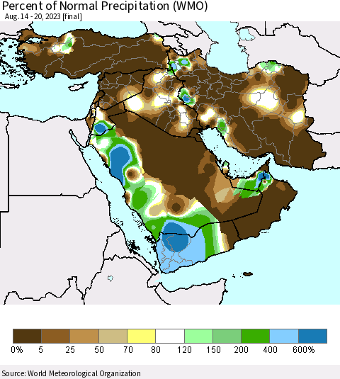 Middle East and Turkey Percent of Normal Precipitation (WMO) Thematic Map For 8/14/2023 - 8/20/2023