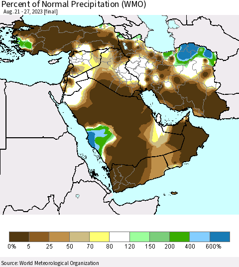 Middle East and Turkey Percent of Normal Precipitation (WMO) Thematic Map For 8/21/2023 - 8/27/2023