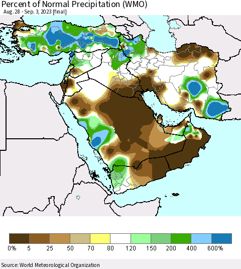 Middle East and Turkey Percent of Normal Precipitation (WMO) Thematic Map For 8/28/2023 - 9/3/2023