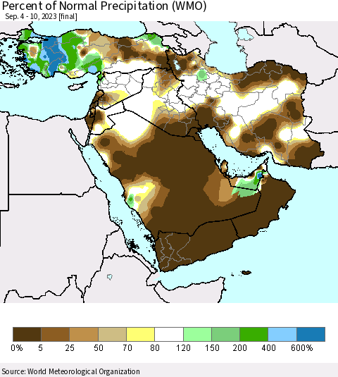 Middle East and Turkey Percent of Normal Precipitation (WMO) Thematic Map For 9/4/2023 - 9/10/2023