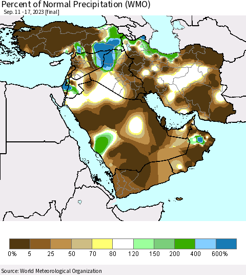 Middle East and Turkey Percent of Normal Precipitation (WMO) Thematic Map For 9/11/2023 - 9/17/2023