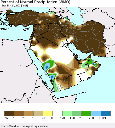 Middle East and Turkey Percent of Normal Precipitation (WMO) Thematic Map For 9/18/2023 - 9/24/2023