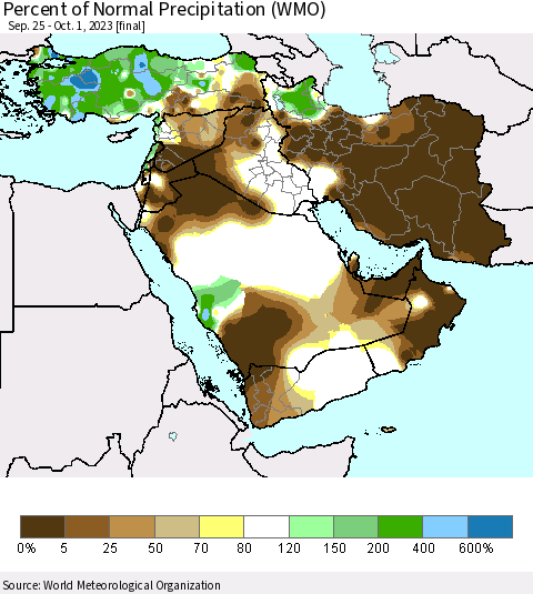 Middle East and Turkey Percent of Normal Precipitation (WMO) Thematic Map For 9/25/2023 - 10/1/2023