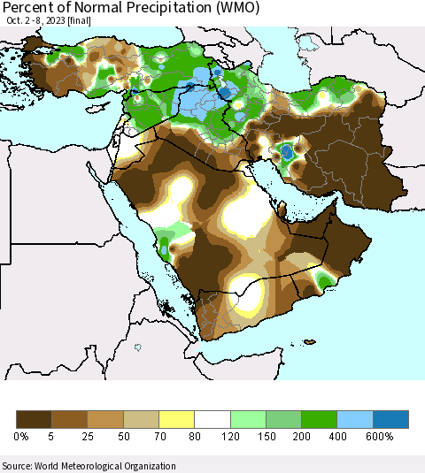 Middle East and Turkey Percent of Normal Precipitation (WMO) Thematic Map For 10/2/2023 - 10/8/2023