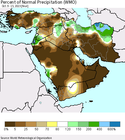 Middle East and Turkey Percent of Normal Precipitation (WMO) Thematic Map For 10/9/2023 - 10/15/2023