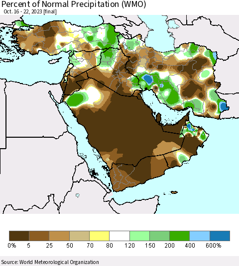 Middle East and Turkey Percent of Normal Precipitation (WMO) Thematic Map For 10/16/2023 - 10/22/2023