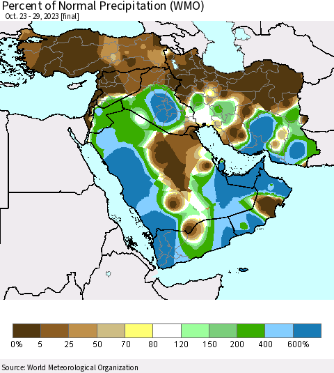 Middle East and Turkey Percent of Normal Precipitation (WMO) Thematic Map For 10/23/2023 - 10/29/2023