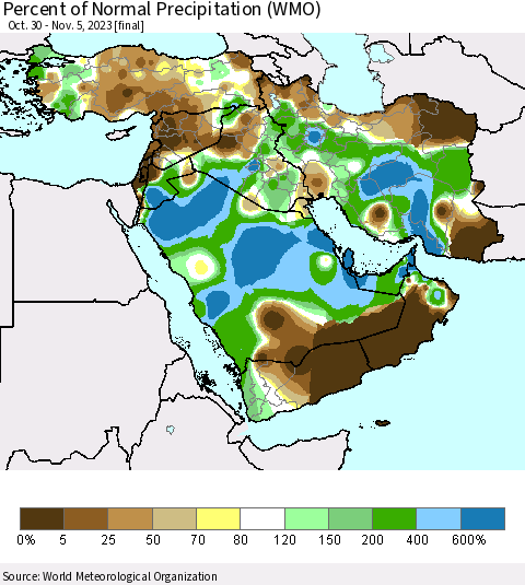 Middle East and Turkey Percent of Normal Precipitation (WMO) Thematic Map For 10/30/2023 - 11/5/2023