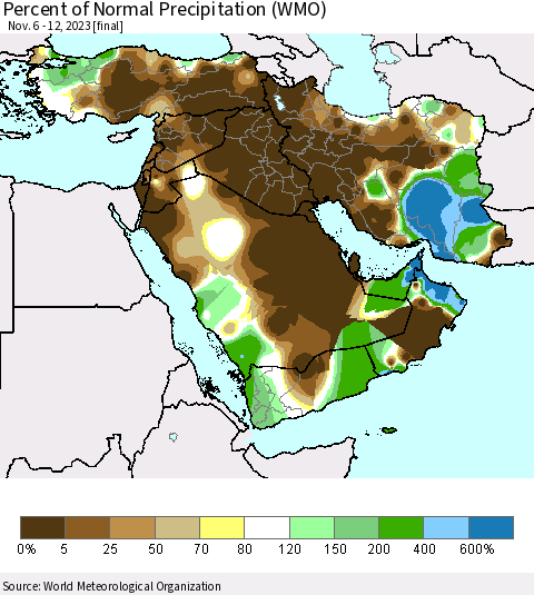Middle East and Turkey Percent of Normal Precipitation (WMO) Thematic Map For 11/6/2023 - 11/12/2023