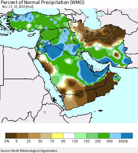 Middle East and Turkey Percent of Normal Precipitation (WMO) Thematic Map For 11/13/2023 - 11/19/2023
