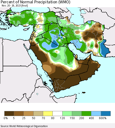 Middle East and Turkey Percent of Normal Precipitation (WMO) Thematic Map For 11/20/2023 - 11/26/2023
