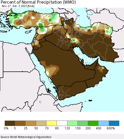 Middle East and Turkey Percent of Normal Precipitation (WMO) Thematic Map For 11/27/2023 - 12/3/2023