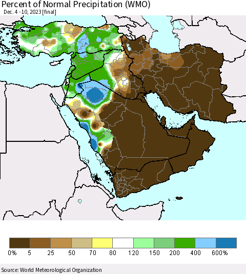 Middle East and Turkey Percent of Normal Precipitation (WMO) Thematic Map For 12/4/2023 - 12/10/2023