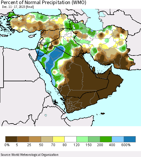 Middle East and Turkey Percent of Normal Precipitation (WMO) Thematic Map For 12/11/2023 - 12/17/2023