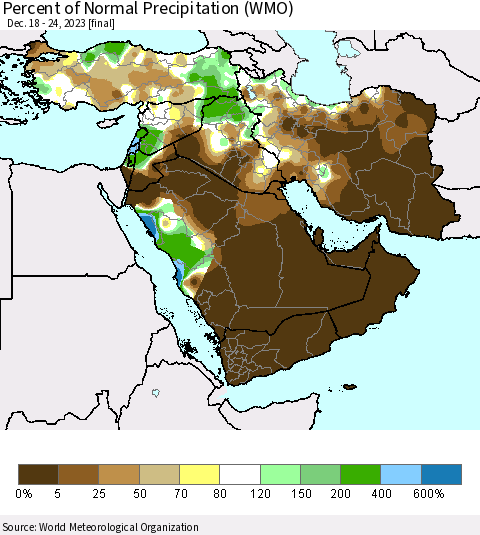 Middle East and Turkey Percent of Normal Precipitation (WMO) Thematic Map For 12/18/2023 - 12/24/2023
